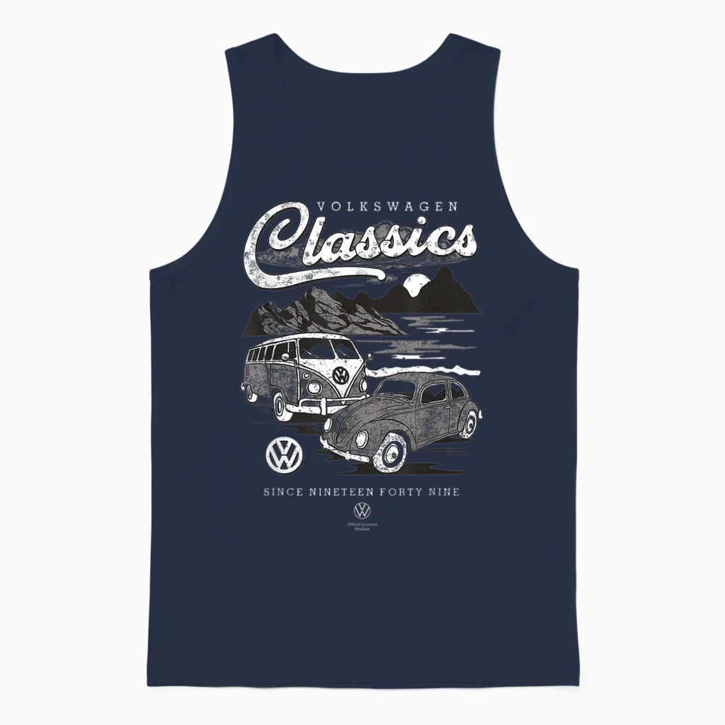 Volkswagen Beetle & Type 2 T1 Campervan Classics T-Shirt, Black, S Unisex Tank Top in Navy