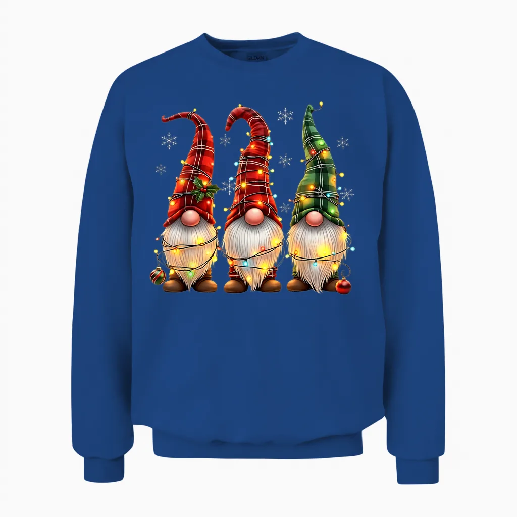 Three Gnomes Men Women Buffalo Plaid Red Christmas Unisex Sweatshirt in Royal