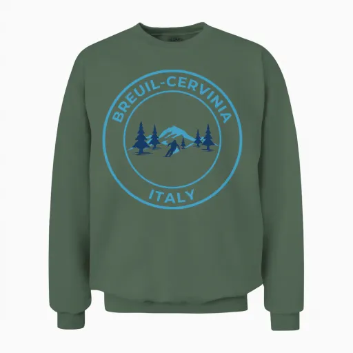 Retro Cool Skiing in Breuil Cervinia Italy Blue Unisex Sweatshirt in Military Green
