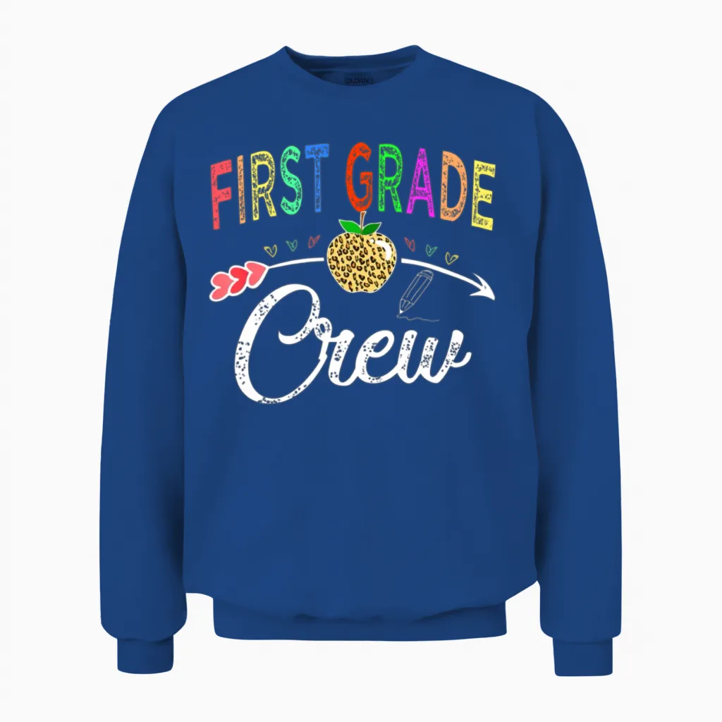 First Grade Crew Teacher S Back to School Leopard Unisex Sweatshirt in Royal