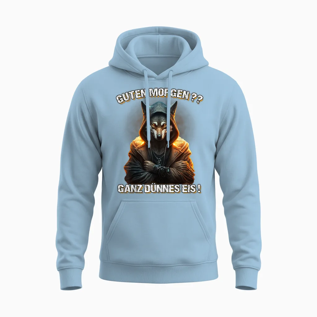 Guten Morgen? Ganz Dünnes Eis! Lustiges Wolf Kaffee Unisex Hoodie in Light Blue
