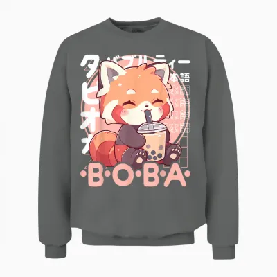 Red Panda Boba Tee Kawaii Bubble Tea Red Panda Anime Neko T-Shirt, Black Unisex Sweatshirt - Graphite Heather