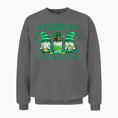 Three Gnomes Holding Shamrock Leopard Plaid St Patrick's Day Unisex Sweatshirt - Graphite Heather