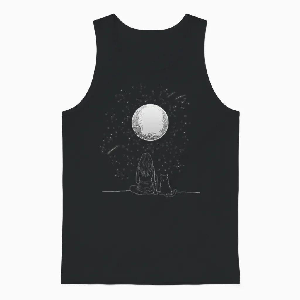 Full Moon Cat Stargazing Cool Lunar Sphere Stargaz Unisex Tank Top in Black