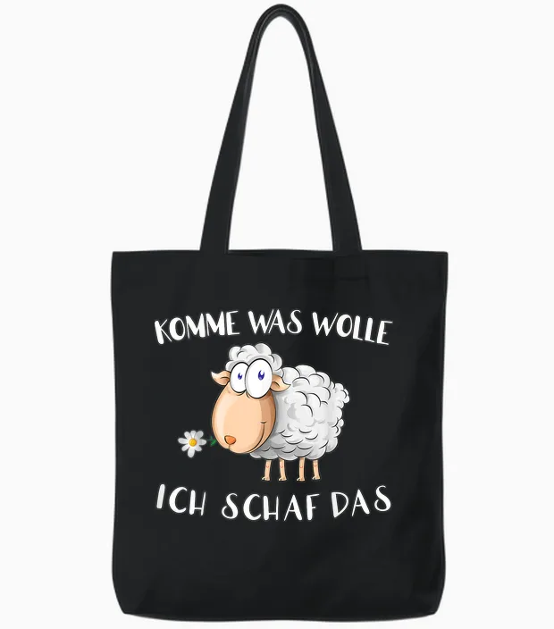 T-Shirt with German Text "komm Was Wolle - Ich Schaf Das " Funny Sheep Word Game Tote Bags in Black