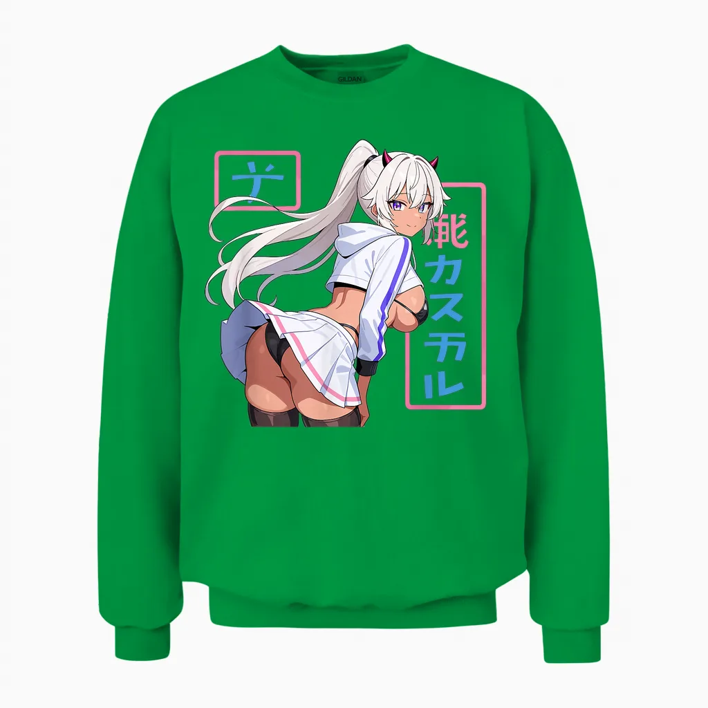 Waifu Sexy Anime Girl Horns Minirock Japanischer Manga-Stil Unisex Sweatshirt in Irish Green