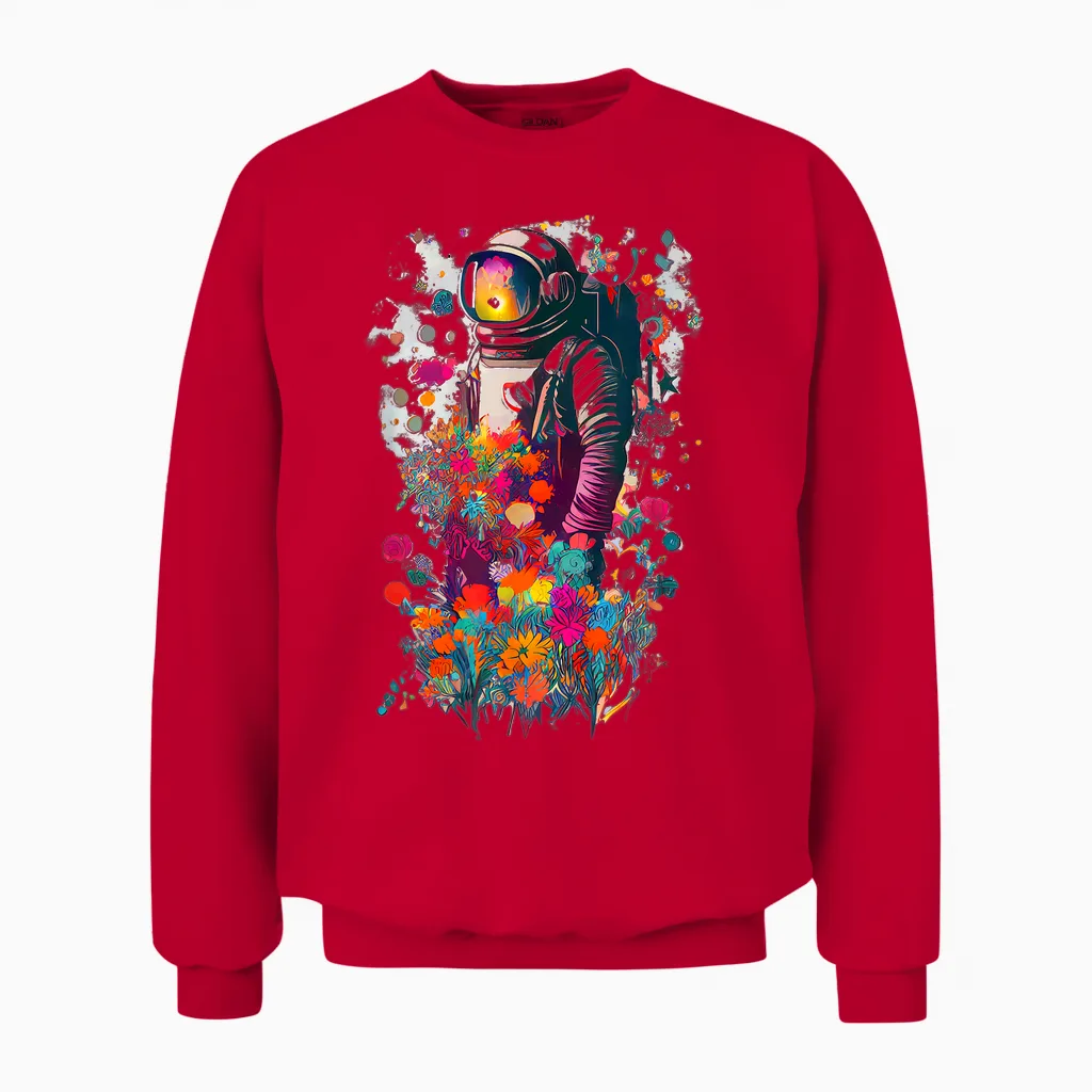 Astronaut Surrounded by Colorful Flowers Unisex Sweatshirt in Red