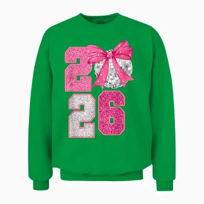 Happy New Year 2026 Disco Ball Pink Coquette Bow Family Unisex Sweatshirt - Irish Green