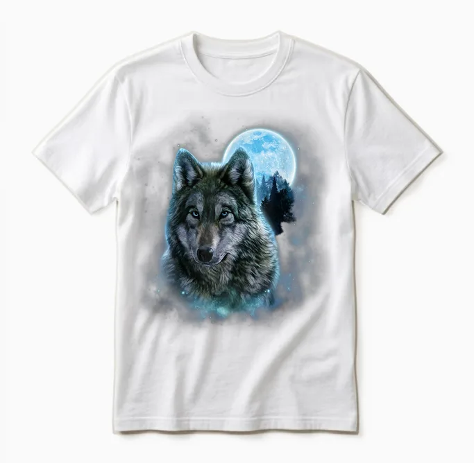 Grey Wolf Hunting Ground, Icy Moon, Forest, Galaxy Unisex T-Shirt in White