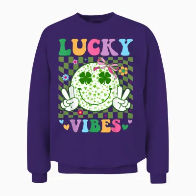 Groovy St Patricks Day Lucky Vibes Shamrock Women Girls Unisex Sweatshirt - Purple