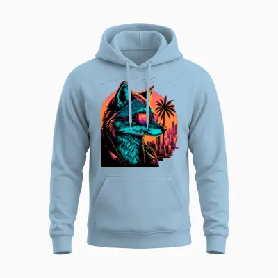 Retro Futuristic Synthwave Fox Unisex Hoodie - Light Blue