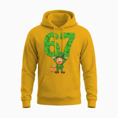 67 Bruh Shamrock Leprechaun Funny Six Seven St Patrick's Day Unisex Hoodie - Gold