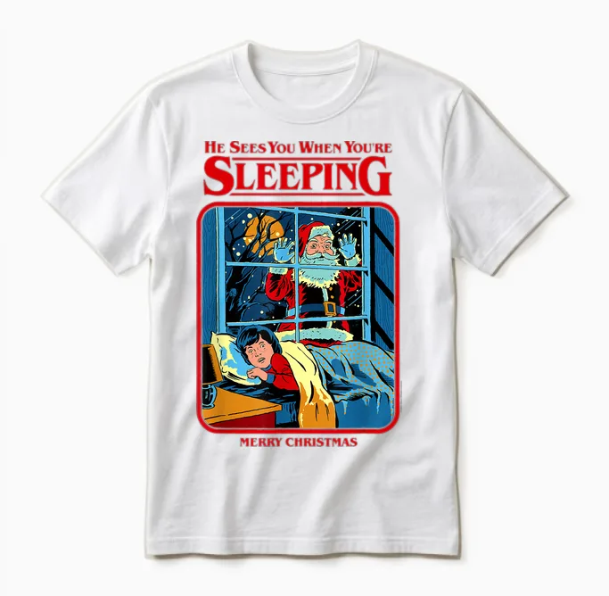 Steven Rhodes Santa Claus Sees You Retro Dark Humor Unisex T-Shirt in White