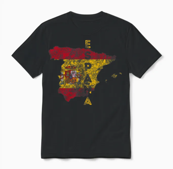 Spain Map and Flag Distressed España Unisex T-Shirt in Black