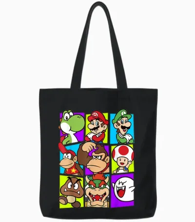 Super Mario Yoshi Luigi Bowser & Gang Box-Up Graphic Tote Bags - Black