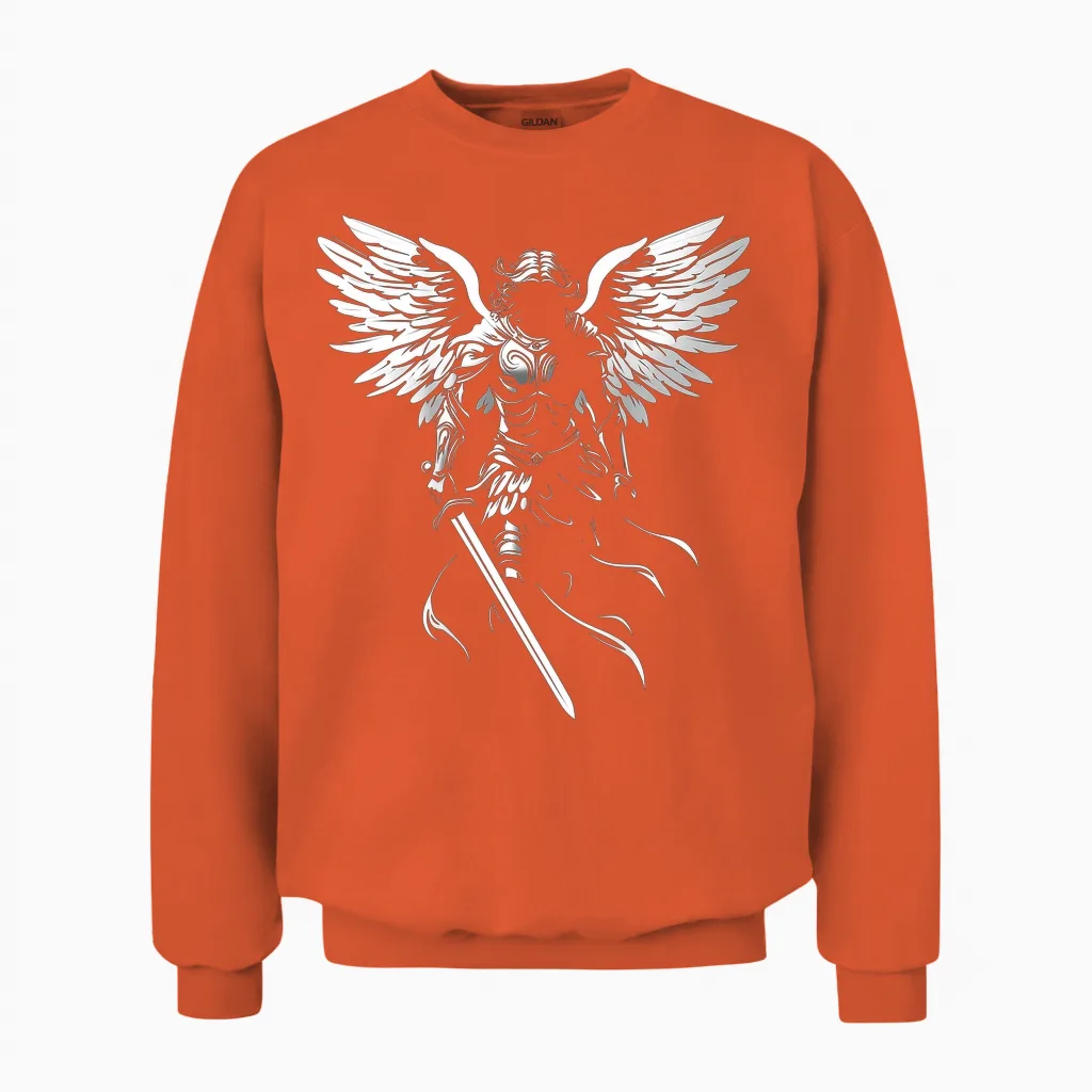 Saint Michael the Archangel Warrior Protector Design on the Back T-Shirt, Black, S Unisex Sweatshirt in Orange