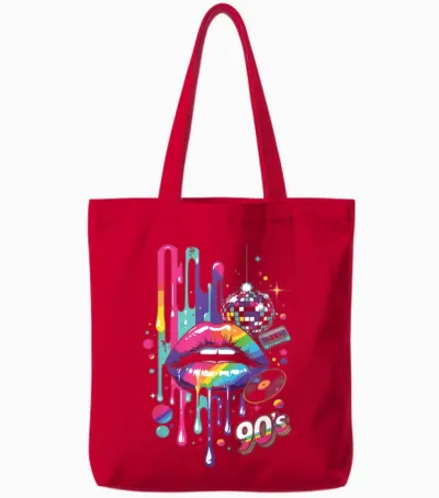 Colourful 90s Lips Retro Disco Cassette Vinyl Party Tote Bags - Red