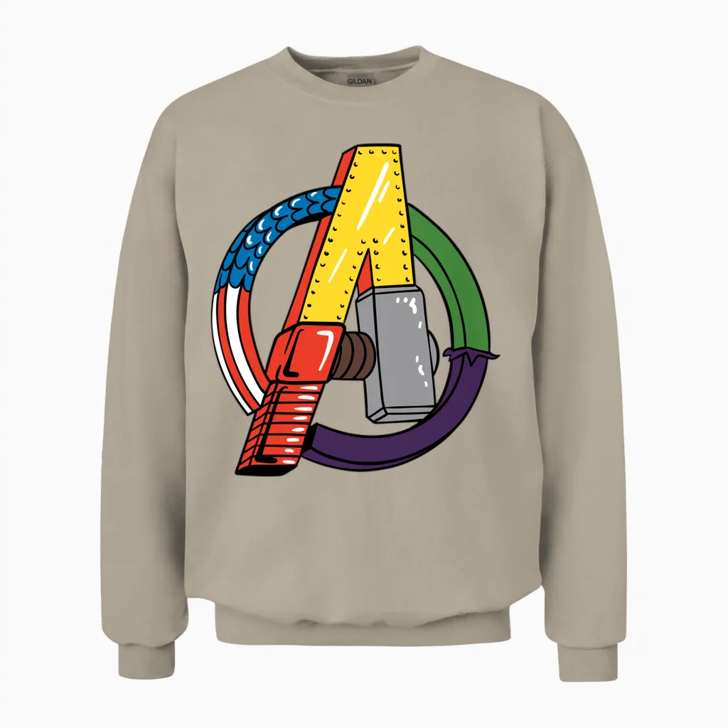 Amazon Essentials Marvel Avengers Multi Hero Logo Collage Unisex Sweatshirt in Sand