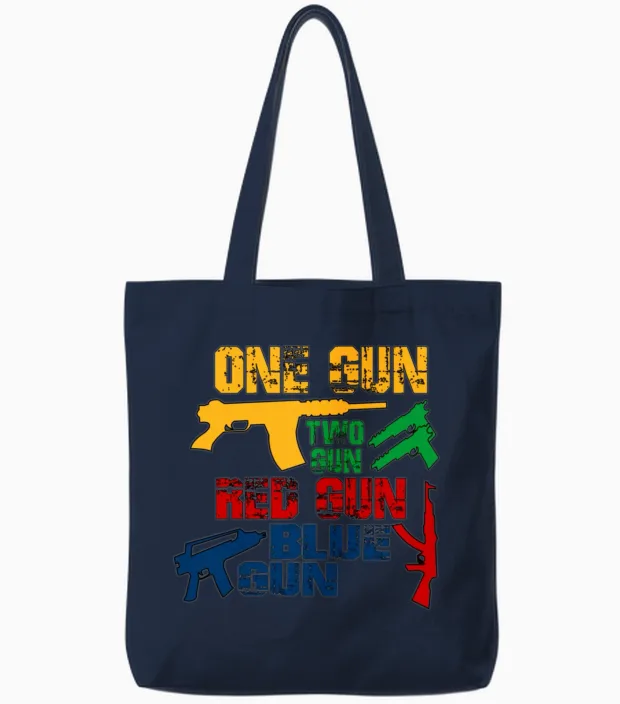 One Gun Two Gun Red Gun Blue Gun Tote Bags in Navy