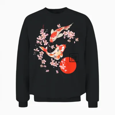 Cherry Blossom Koi Carp Fish Japanese Sakura Art Graphic Unisex Sweatshirt - Black