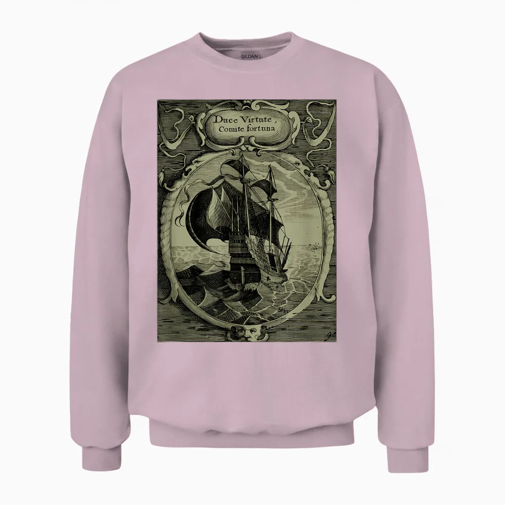 Latin Currency Virtute Duce Comite Fortuna Ship Unisex Sweatshirt in Light Pink