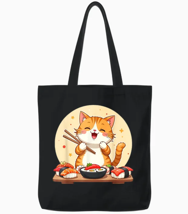 Japanese Sushi Kawaii Sushi Cat Lover T-Shirt, Black, S Tote Bags in Black