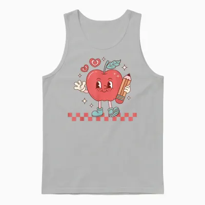 Cute Retro Checkered Apple with Face Teacher Pencil Trendy Unisex Tank Top - Ash