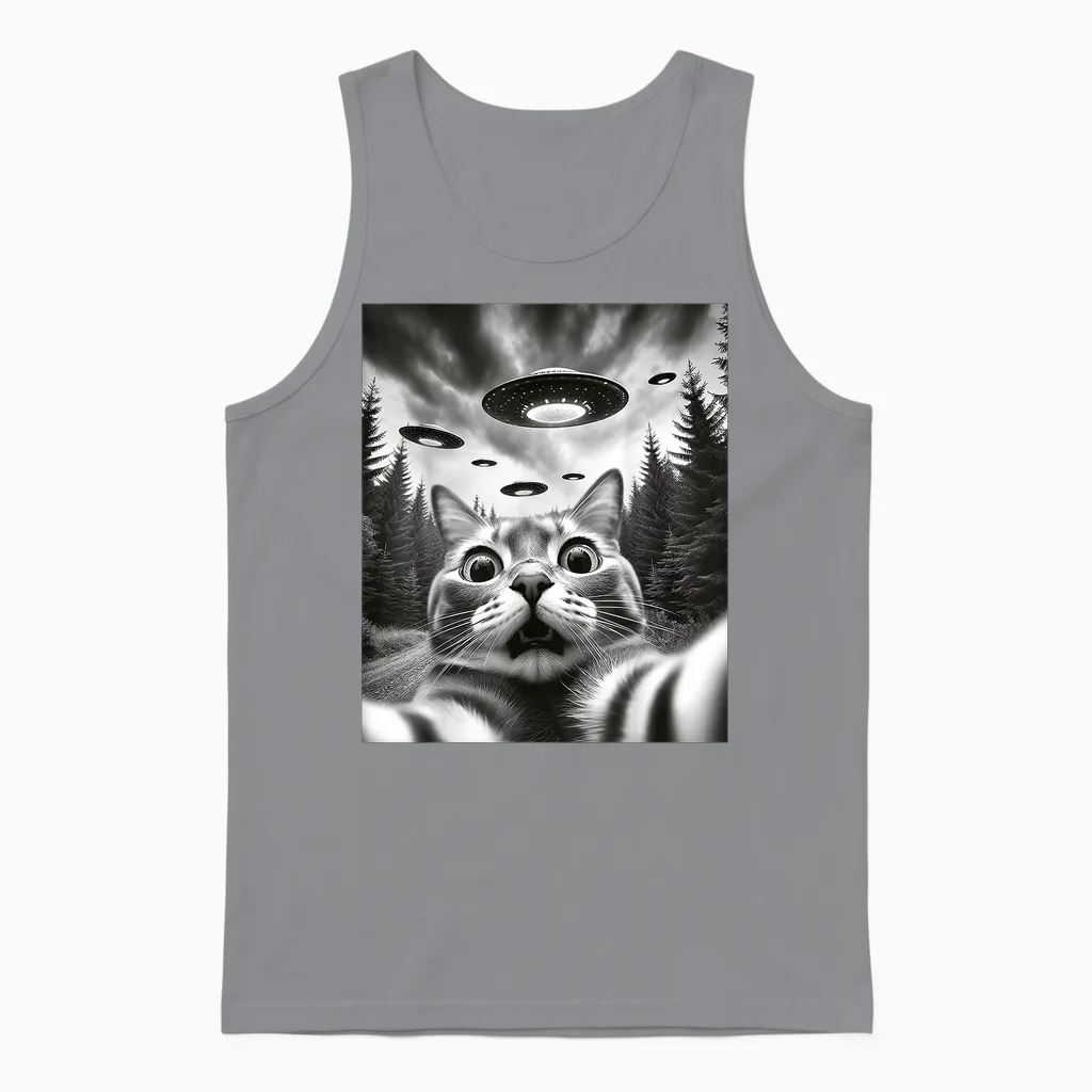 Alien Ufo Cat Selfie Funny Cat with Ufo T-Shirt, Black Unisex Tank Top in Sport Grey