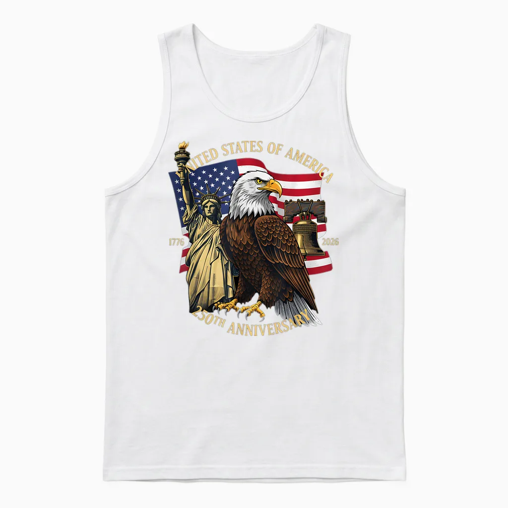 250 Years 1776-2026 250th Birthday Eagle Liberty Bell Unisex Tank Top in White