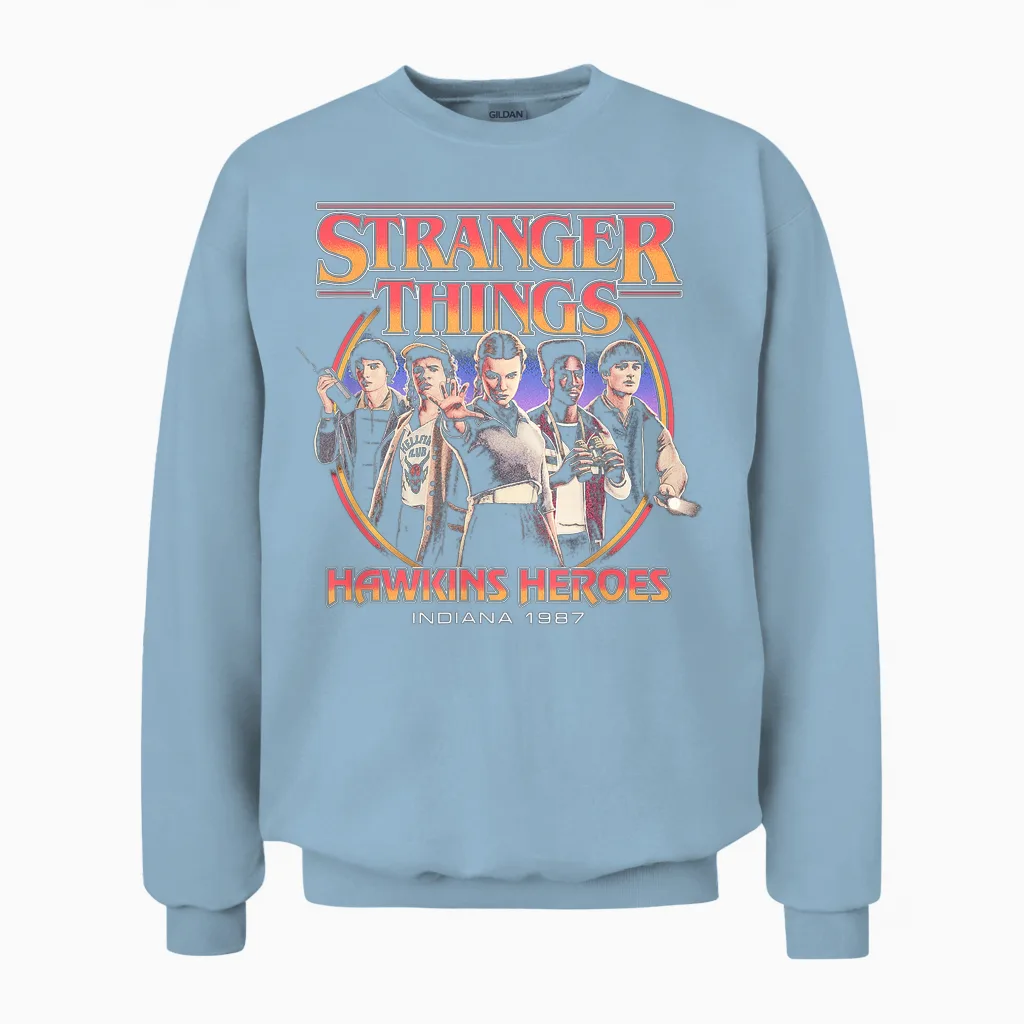 Stranger Things Hawkins Heroes Group 1987 Unisex Sweatshirt in Light Blue