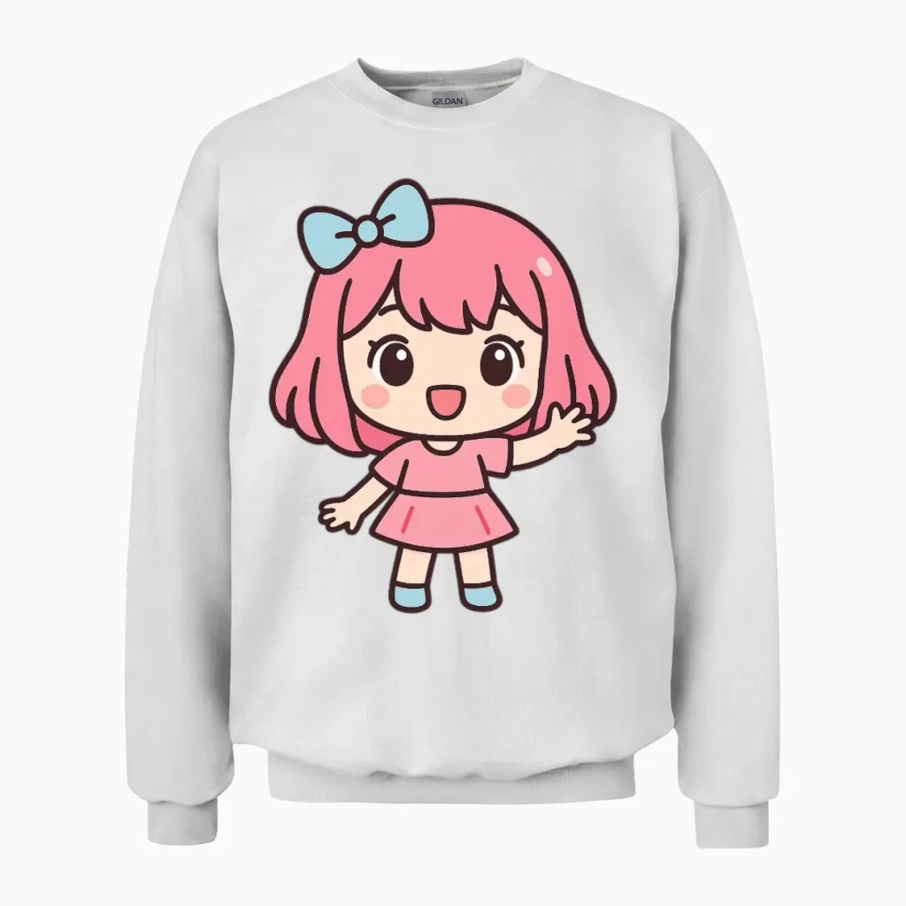 Pink Bow Kawaii Chibi Girl Unisex Sweatshirt in White