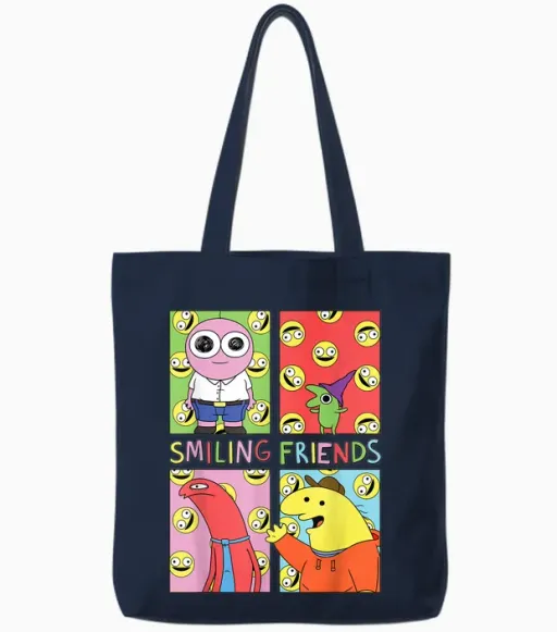 Smiling Friends Pop Art Character Grid Funny Cartoon Tote Bags in Navy