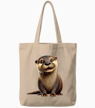 Adorable Otter Illustration T-Shirt, Black Tote Bags - Natural