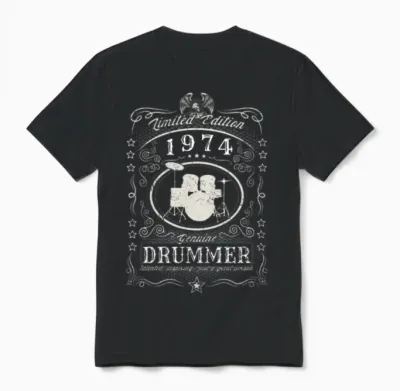 Vintage 1974 Drummer Birthday Gift Percussionist Unisex T-Shirt - Black
