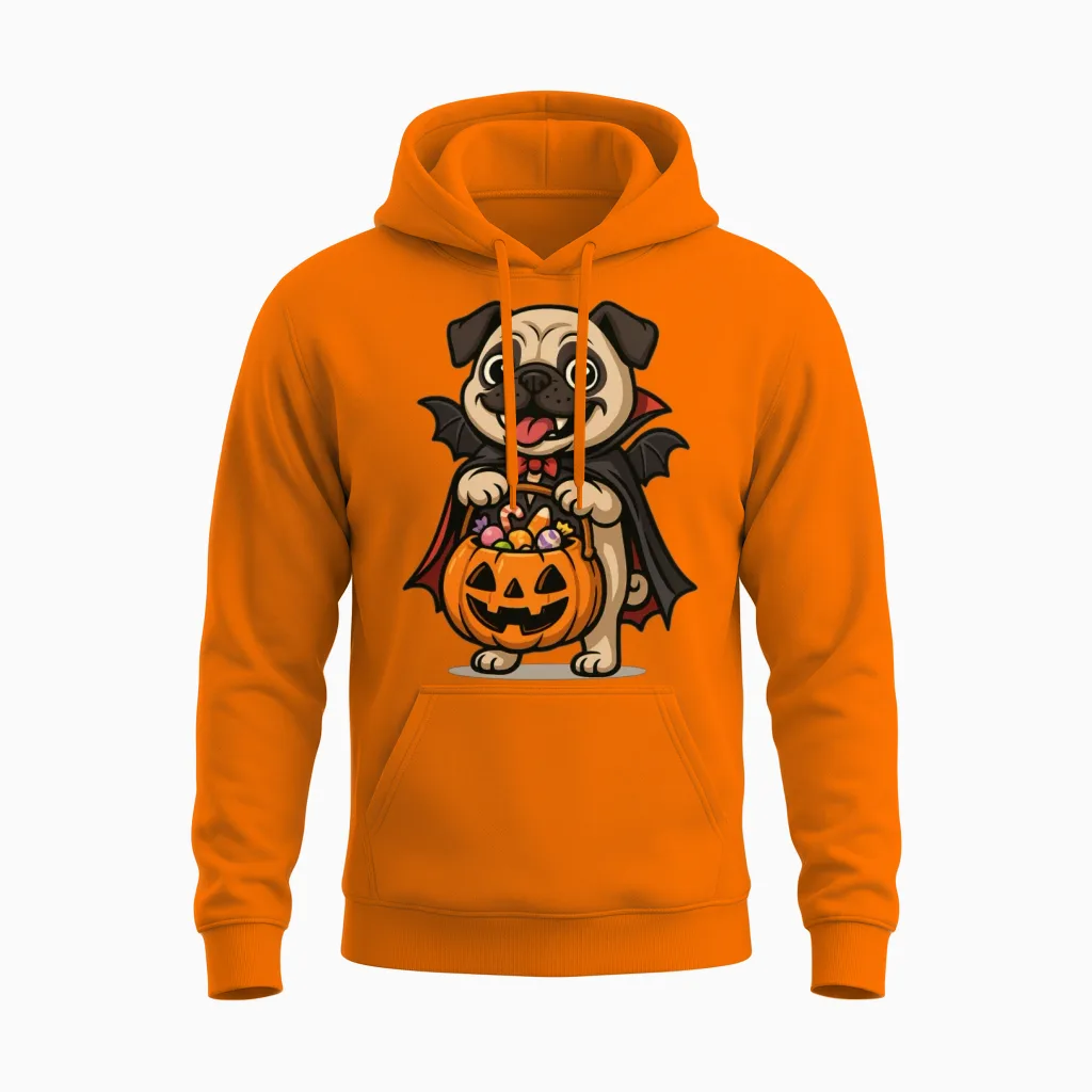 Bat Pug Halloween Pumpkin Unisex Hoodie in Safety Orange