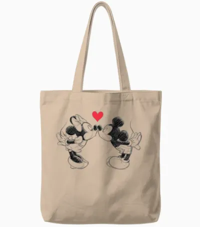 Disney Mickey Mouse and Minnie Sketch Kiss Valentine's Day T-Shirt, White Tote Bags - Natural