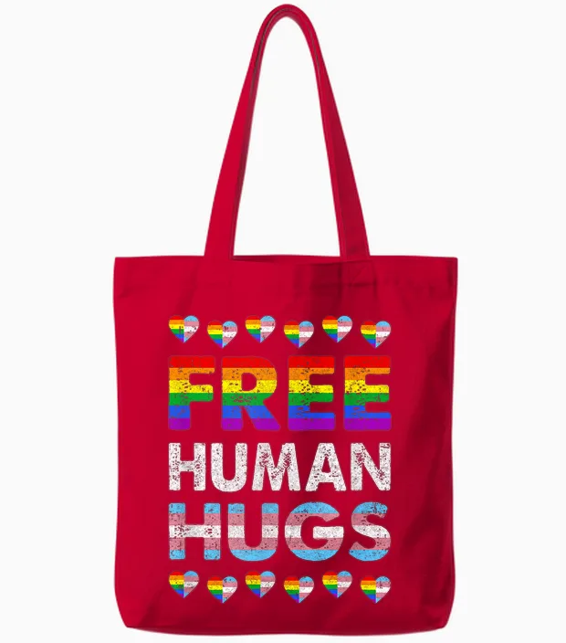 Free Human Hugs Rainbow Lgbtq Gay Pride Month, Fier Allié Tote Bags in Red