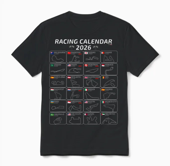 Racing Calendar 2026 All 24 Races and Tracks of the Season Unisex T-Shirt in Black