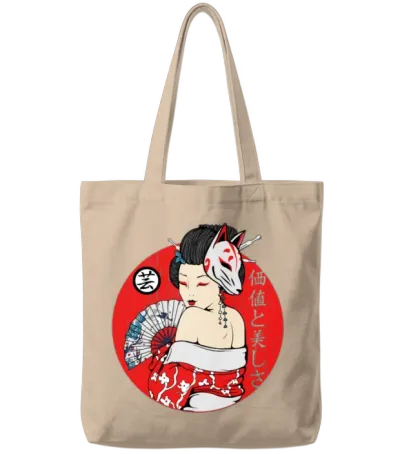 Maiko Geisha Girl Kitsune Mask Japanese Aesthetic Tote Bags - Natural