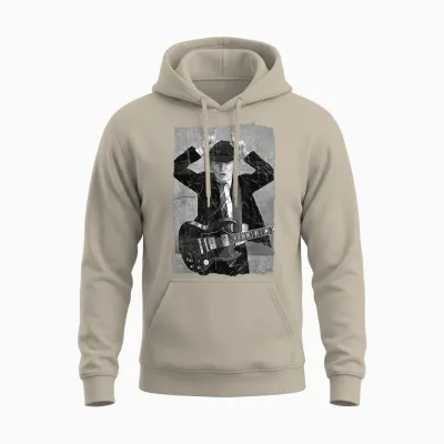 Ac/dc Rock Music Band Angus Young Distressed Photo T-Shirt, Black Unisex Hoodie - Sand