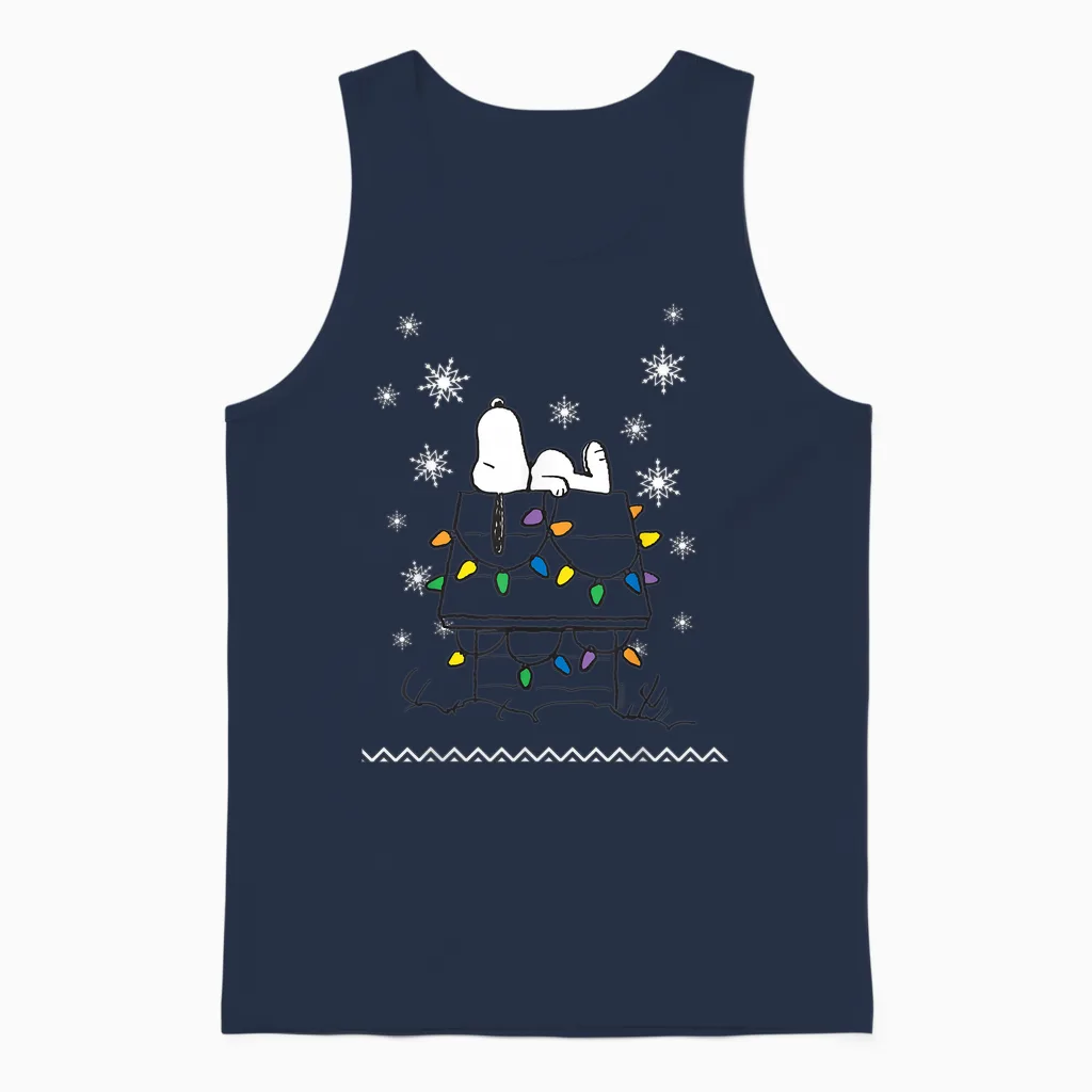 Peanuts Holiday Snoopy Dog House Lights Short Sleeve Unisex Tank Top in Navy