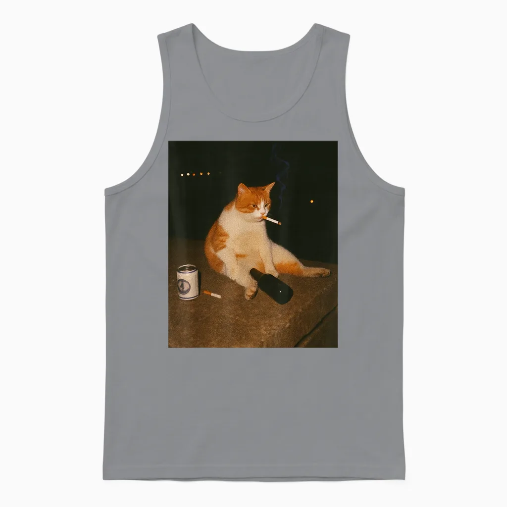 Funny Cigarette Kitten Smoking Stupid Cat Meme Brainrot Unisex Tank Top in Sport Grey