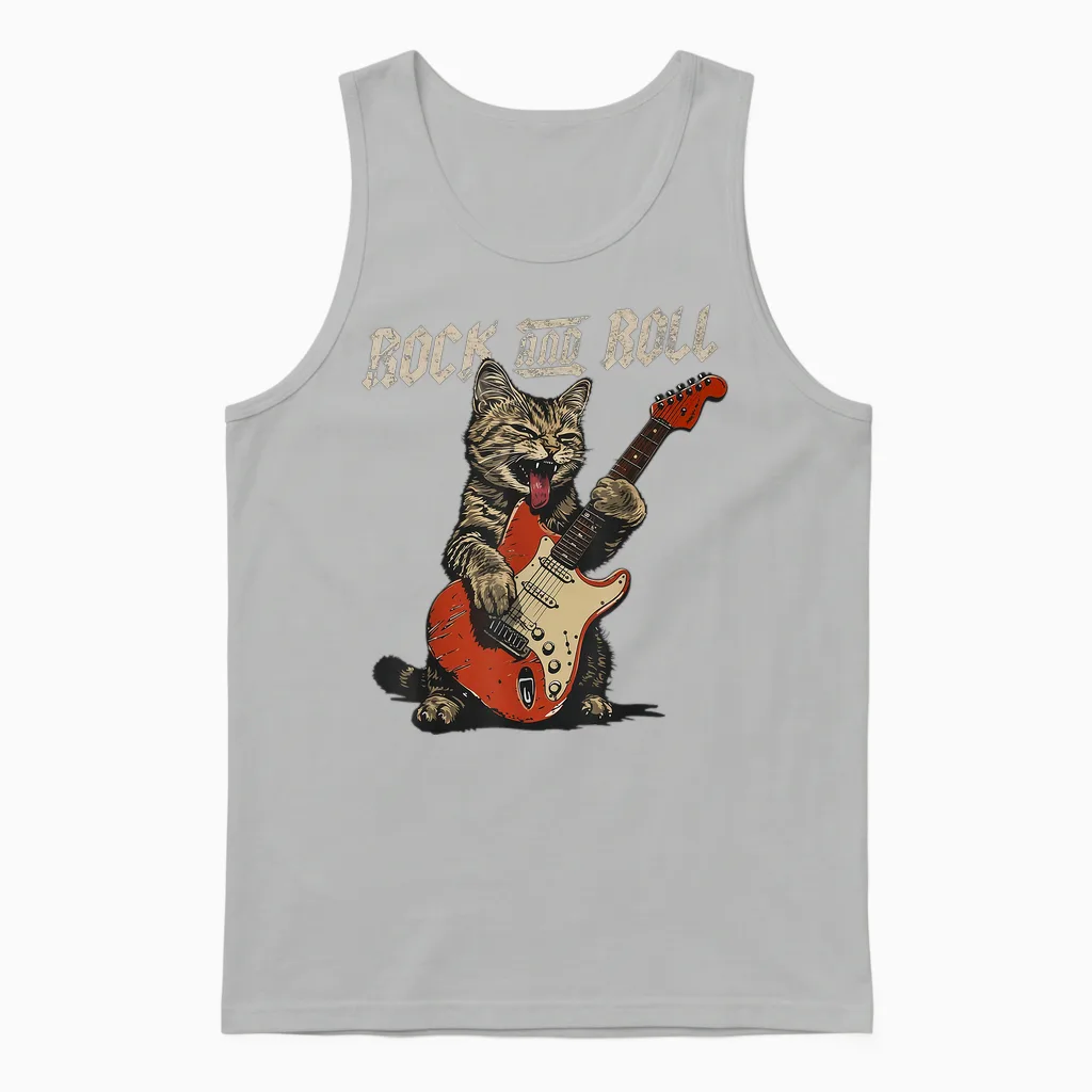 Rock and Roll Guitar Cat Vintage Rock Guitarist Cat Unisex Tank Top in Ash