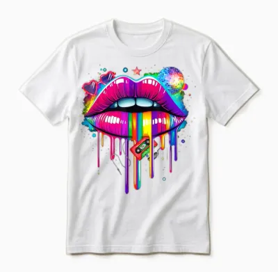 Colourful Lips Kissing Mouth Retro 80s Party Look Costume T-Shirt, Black, S Unisex T-Shirt - White