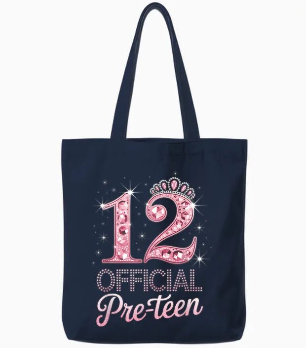 12 Official Pre-Teen Pink Crown Happy 12th Birthday for Girl Tote Bags in Navy