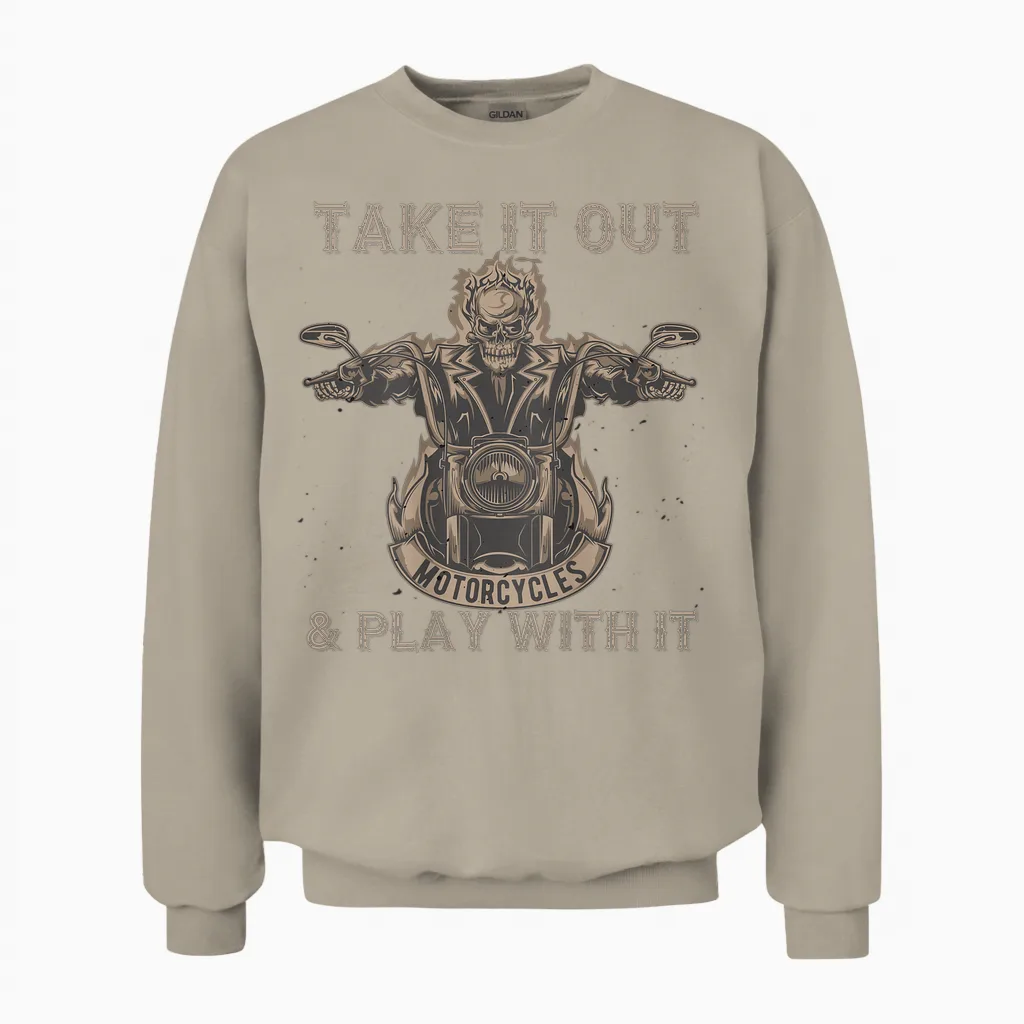 Funny Biker Skeleton Motorcycle Rider - Back Print Unisex Sweatshirt in Sand