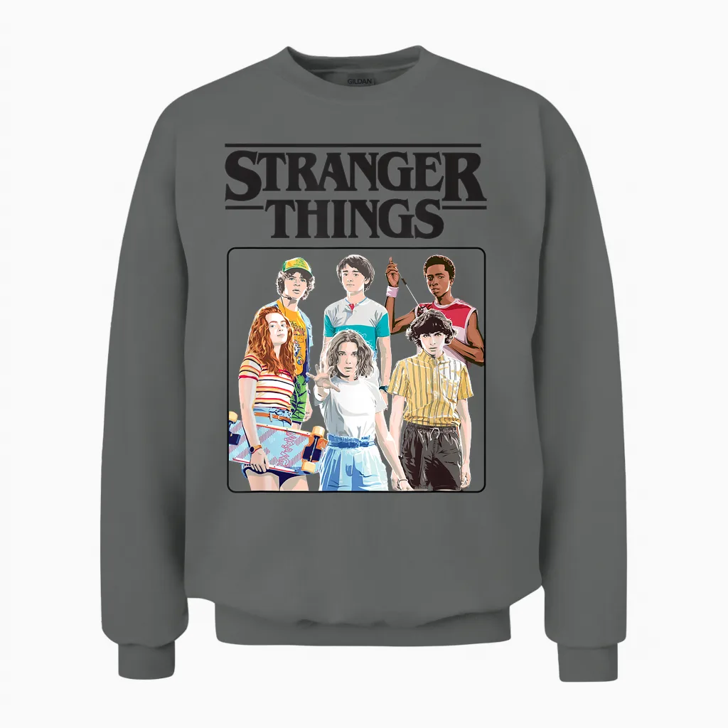 Stranger Things Vintage Eighties Retro Group Shot Title Logo Unisex Sweatshirt in Graphite Heather
