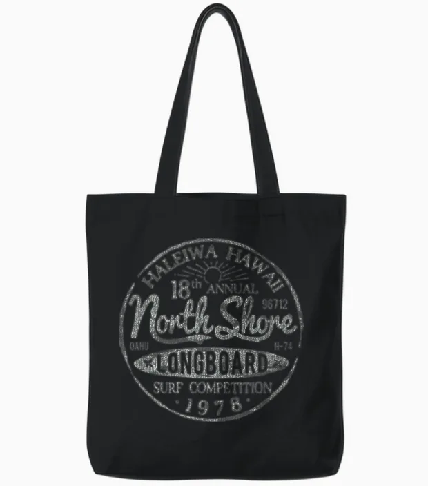 Long Board North Shore Surf Vintage Hawaii Beach Tote Bags in Black