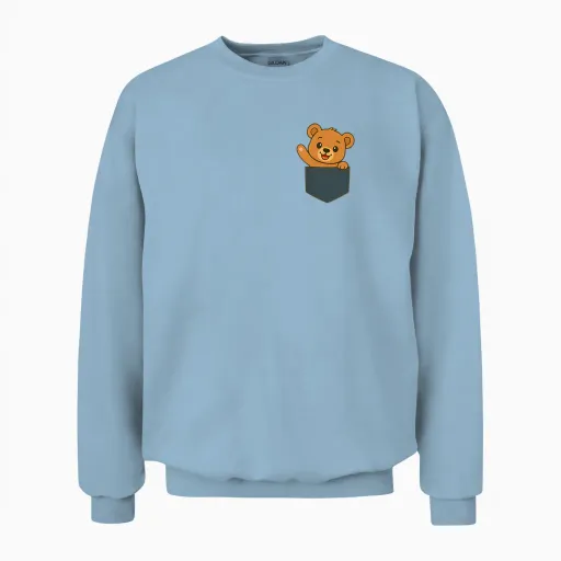 Pocket Illustration with Teddy Bear Pattern Unisex Sweatshirt - Light Blue