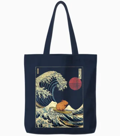 Capybara Japanese Kanagawa Wave Funny Surf Animal T-Shirt, Black Tote Bags - Navy
